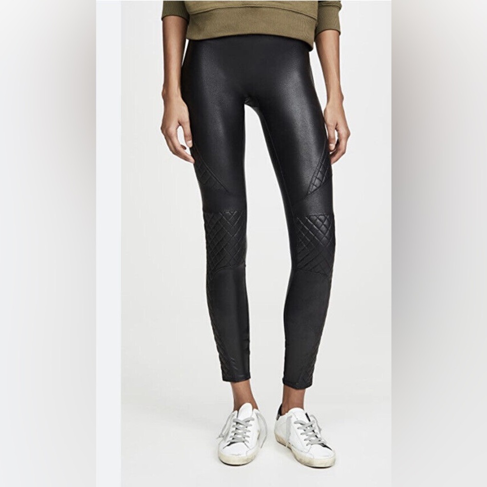 SPANX Womens Very Black Quilted Moto Faux Leather Leggings Petite Small